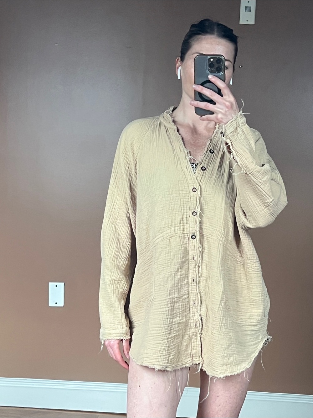 We The Free Frayed Gauze Button-Front Tunic in Light Tan - Picture 2 of 5